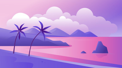 Fototapeta na wymiar Night tropical coast landscape vector illustration. Cartoon flat tropics purple romantic panoramic scenery with evening beach, palm trees and sea, exotic paradise island coastline scene background