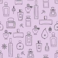 Seamless pattern with parfume, perfume bottles. Colorful hand drawn illustration. Brush stroke hand drawn graphic