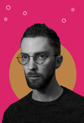 Man in glasses with design elements on a colored background