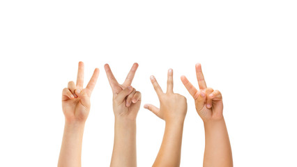Peace, greeting. Kids hands gesturing isolated on white studio background, copyspace for ad. Crowd of kids gesturing. Concept of childhood, education, preschool and school time. Signs and senses.
