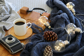 top view image of room interior still life. warm and cozy morning at home