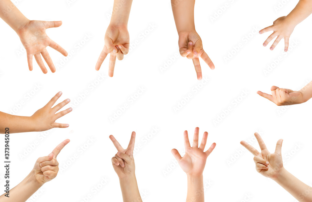 Wall mural Pointing in center. Kids hands gesturing isolated on white studio background, copyspace for ad. Crowd of kids gesturing. Concept of childhood, education, preschool and school time. Signs and senses.