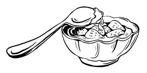 Vector sketch of saucer with strawberry jam and a spoon