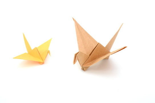 Two origami birds on white
