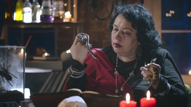 Old witch holding two snakes performing ritual