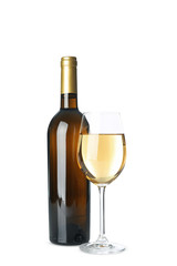Bottle and glass of wine isolated on white background