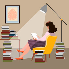 The girl is reading a book, light of a lamp, sitting on a chair . Large stacks of books.