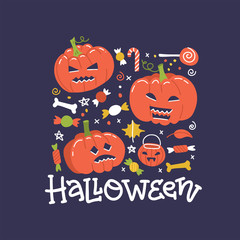 Halloween holiday square banner design with candy and pumpkins. Vectorflat illustration with hand drawn lettering.