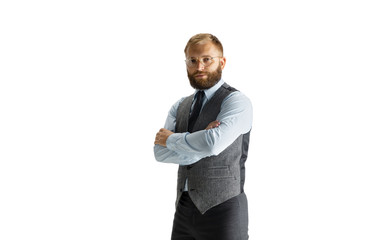 Cheerful handsome businessman isolated over white studio background, copyspace. Modern young director, manager in office suit, full length portrait. Confident. Business, finance, tech concept.