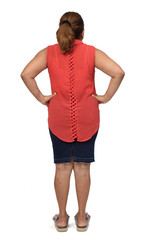 portrait of a latin woman from behind on white background, hands on hip