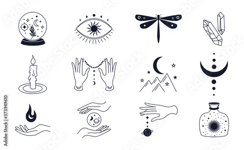 Mystic Boho Doodle Set Simple Hand Drawn Magic Logo Icons Tattoo Design With Stars Hands Planets Crystal Eye Sun Moon Vector Abstract Illustration Wall Mural Ekaterina Zanosienko