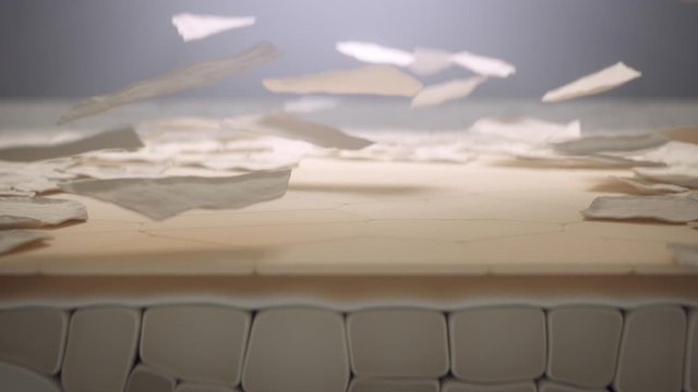 Dead epidermis cells slowly peeling away from the skin surface, macro cross-section animation, camera forward movement.
