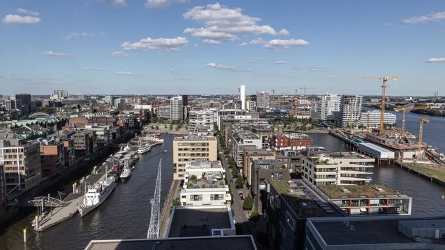 Timelapse from the Elbphilharmony in Hamburg with a clear view on the hamburger hafen city in Germany.