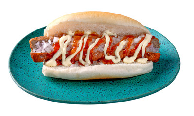 Hot dog  relleno de cebolla con mostaza y ketchup