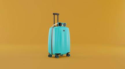 Traveling suitcase with sunglasses on yellow background. travel concept. 3d rendering.