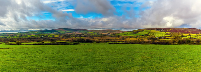 A panorama view across the Preseli mountaqins in Wales