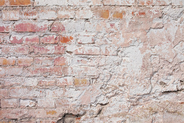 Empty old brick wall texture. Painted grungy wall surface.  Grunge red stonewall background. Shabby building facade with damaged plaster. Abstract web banner. Copy Space.