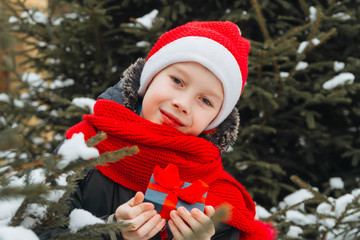 A teenage European boy gives a gift to friends for Christmas.