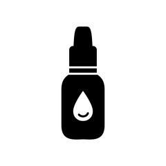 Silhouette Droplet packaging. Outline icon of liquid medication to moisturize, eye or nasal drops. Black illustration of bottle with knurled cap. Flat isolated vector pictogram on white background