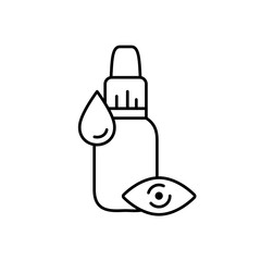 Eye drops. Linear icon of liquid medication to moisturize, treatment. Black simple illustration of bottle, medicine drop, eyeball. Contour isolated vector pictogram on white background
