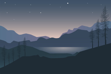 Night Mountains landscape. Sunrise in the mountains. Dawn. Lake. Nature. Pine trees. Beautiful view.