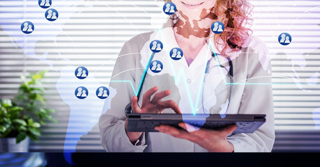 telemedicine doctor with tablet and global connection lines