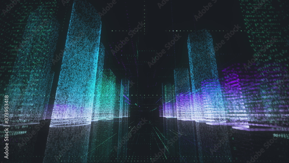 Poster moving through the bright red and white colored model of abstract digital city contained of random n