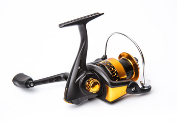 Modern fishing reel on a white background