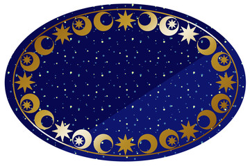 楕円形のフレーム　ブルー＆ゴールド　アンティークな月と星