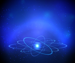 Shining atom model. Neon orbit with galaxy blue background.