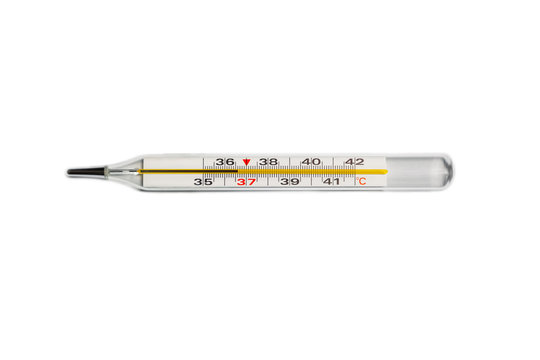 Medical mercury thermometer shows a temperature of 36.6 degrees, horizontal, isolated on a white background. The concept of health