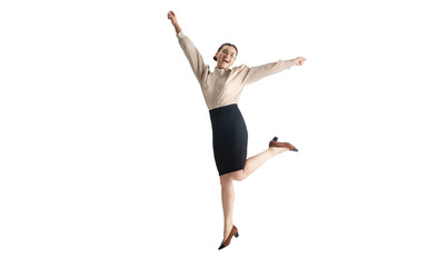 Obraz premium Beautiful business woman, secretary, manager on white studio background. Beautiful caucasian female model in office attire. Copyspace for ad, Concept of business, finance, occupation. Dancing, jumping