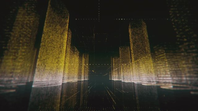 Flying through neon digital model of abstract modern city made of symbols and numbers in yellow and white color on black background. Business, connections and digital tech concept. 3d rendering 4k
