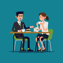 Business men having a coffee break. Male and female office workers talking to each other while enjoying their coffee. Vector flat visual on coworkers getting to know each other