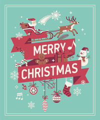 Merry Christmas decorative background. Vector banner, poster or greeting card template on Merry Xmas featuring Santa Claus riding sleigh, holiday ornate elements, snowman, snowflakes, etc.