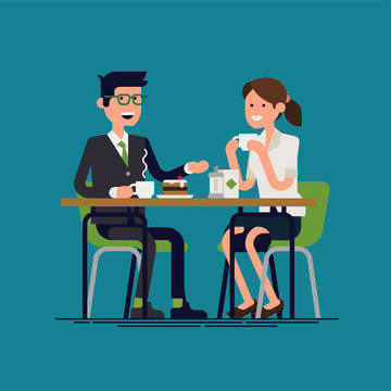 Business Men Having A Coffee Break. Male And Female Office Workers Talking To Each Other While Enjoying Their Coffee. Vector Flat Visual On Coworkers Getting To Know Each Other