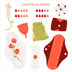 Zero waste menstrual period. Vector flat set with eco friendly products - reusable menstrual pads, cup, recycle bags of cotton.