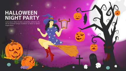 banner for holiday design on the theme all saints eve Halloween Witch with a lantern flies on a broom mimio tree with pumpkins flat vector illustration