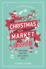 Lovely vector Christmas Market poster template. Xmas fair event advertising banner with Santa Claus, snowman and other ornament elements