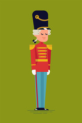Cool vector character design on gallant guard toy soldier wearing red hussar jacket, shako and blue trousers