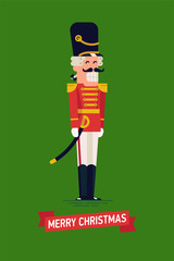 Lovely vector nutcracker character in flat design. Christmas holidays special character nutcracker toy soldier in red hussar jacket and shako hat