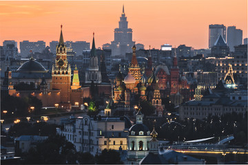 architecture, travel, cityscape, russia, building, moscow, city, landscape, sunset, district, russian, sky, landmark, view, temple, religion, kremlin, cathedral, gold, dome, church, sunrise, history, 