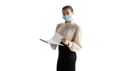 Beautiful business woman, secretary, manager isolated on white studio background. Beautiful model in office attire. Copyspace for ad, Concept of business, finance, occupation. Protective face mask