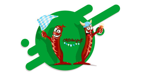 Fried sausages in cartoon style with beer and festival elements.