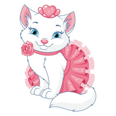 White cat princess sitting in pink skirt. Cartoon vector clipart © platinka