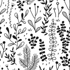 Vector seamless border with doodle forest and meadow plants. Hand drawn abstract background for frames, posters, textile