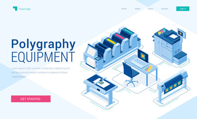 Polygraphy equipment banner. Typography business, printing service. Vector landing page of printing house with isometric illustration of press equipment, offset, plotter and computer