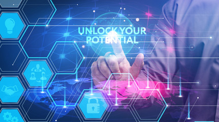 Business, Technology, Internet and network concept. Young businessman working on a virtual screen of the future and sees the inscription: