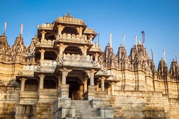 Ranakpur Jain temple in Rajasthan, India. The temple built using white marble, with 1444 pillars, 80 domes and 426 columns all intricately carved and unique. This is one of  the  largest Jain temple.