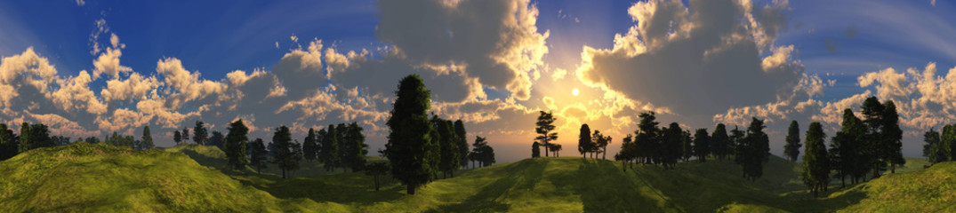 Landscape panorama, hills with trees under the sky with clouds at sunset, 3D rendering
